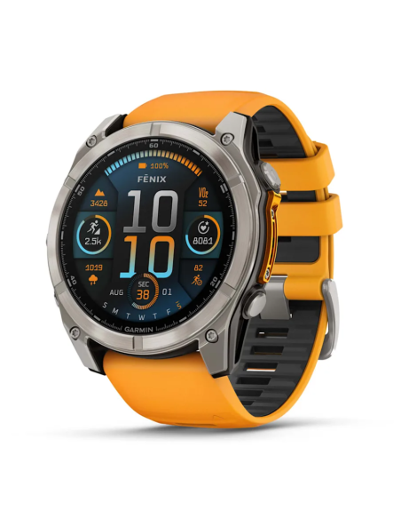 „Fēnix® 8“ – 51 mm, AMOLED Sapphire,  titano su oranžiniu / grafito spalvos silikoniniu dirželiu