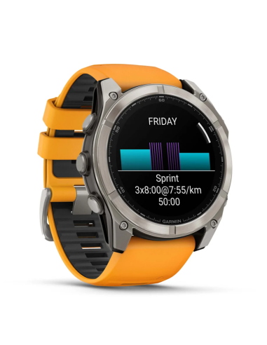 „Fēnix® 8“ – 51 mm, AMOLED Sapphire,  titano su oranžiniu / grafito spalvos silikoniniu dirželiu