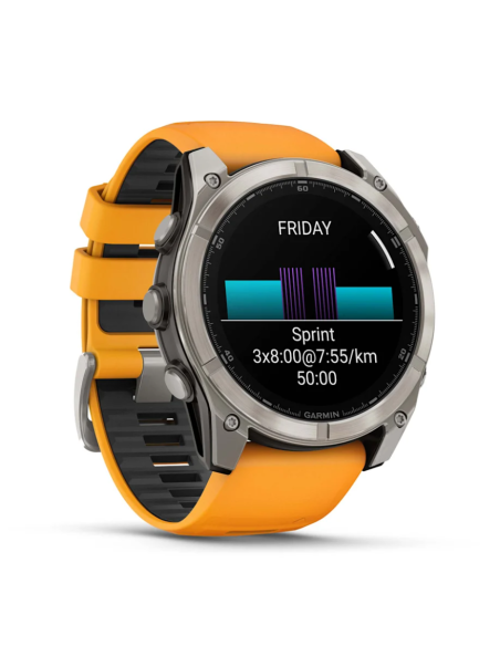„Fēnix® 8“ – 51 mm, AMOLED Sapphire,  titano su oranžiniu / grafito spalvos silikoniniu dirželiu