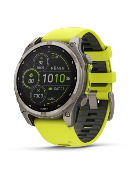 Fenix® 8“ –  „Solar“, „Sapphire“ Sapphire, Titanas su ryškiai geltonu / grafito spalvos silikoniniu dirželiu