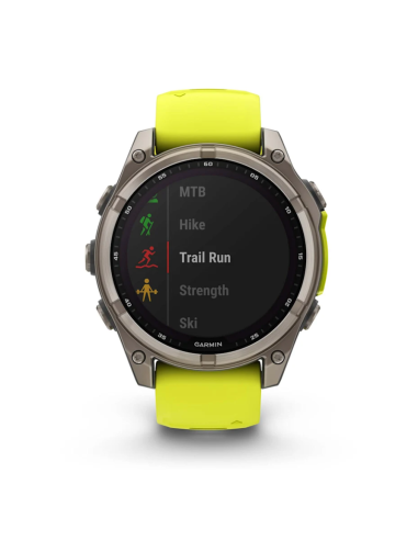 Fenix® 8“ –  „Solar“, „Sapphire“ Sapphire, Titanas su ryškiai geltonu / grafito spalvos silikoniniu dirželiu