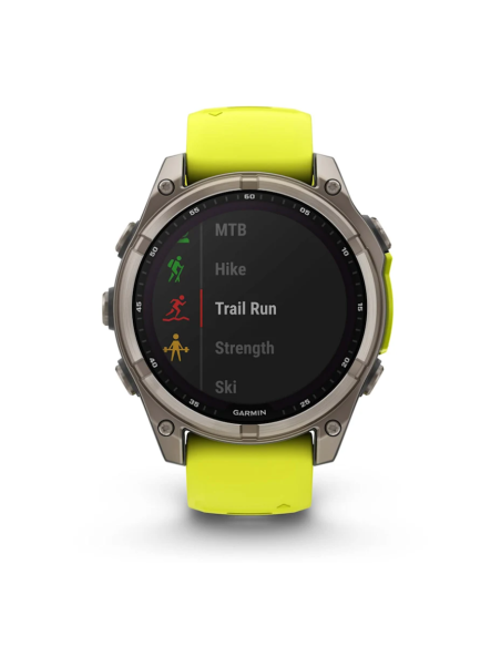 Fenix® 8“ –  „Solar“, „Sapphire“ Sapphire, Titanas su ryškiai geltonu / grafito spalvos silikoniniu dirželiu