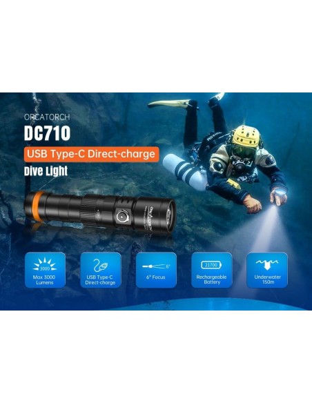 Flashlight OrcaTorch "D710" (3000 Lumen) 1pcs 21700 5000mA