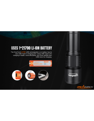 OrcaTorch "D700" Flashlight (1700 Lumen) 2x 21700