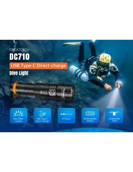 Šviestuvas OrcaTorch  "DC 710" (3000 Lumen) 2pcs 21700 5000mA