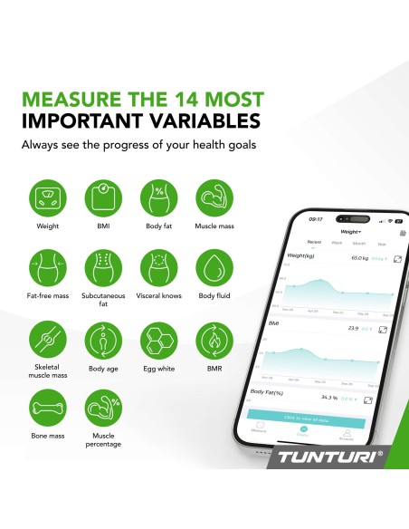 Svarstyklės TUNTURI SC30 išmaniosios svarstyklės su programėle, baltos
